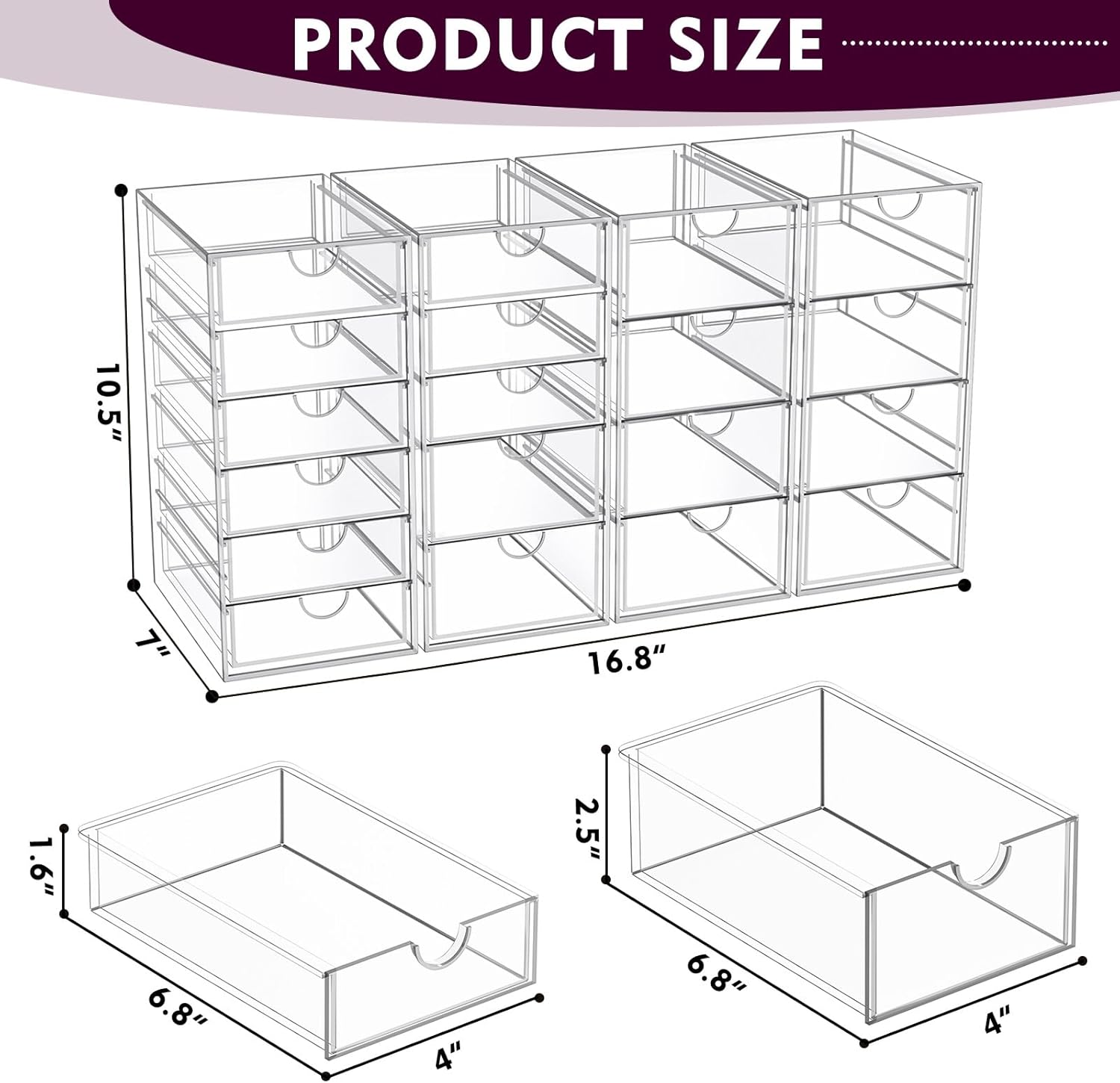 Acrylic Makeup Organizer with 19 Drawers, 4 Pack Clear Storage Drawers, Bathroom Makeup Organizer for Palettes, Cosmetic, and Beauty Supplies,Ideal for Vanity, Cabinet,Desk Organization