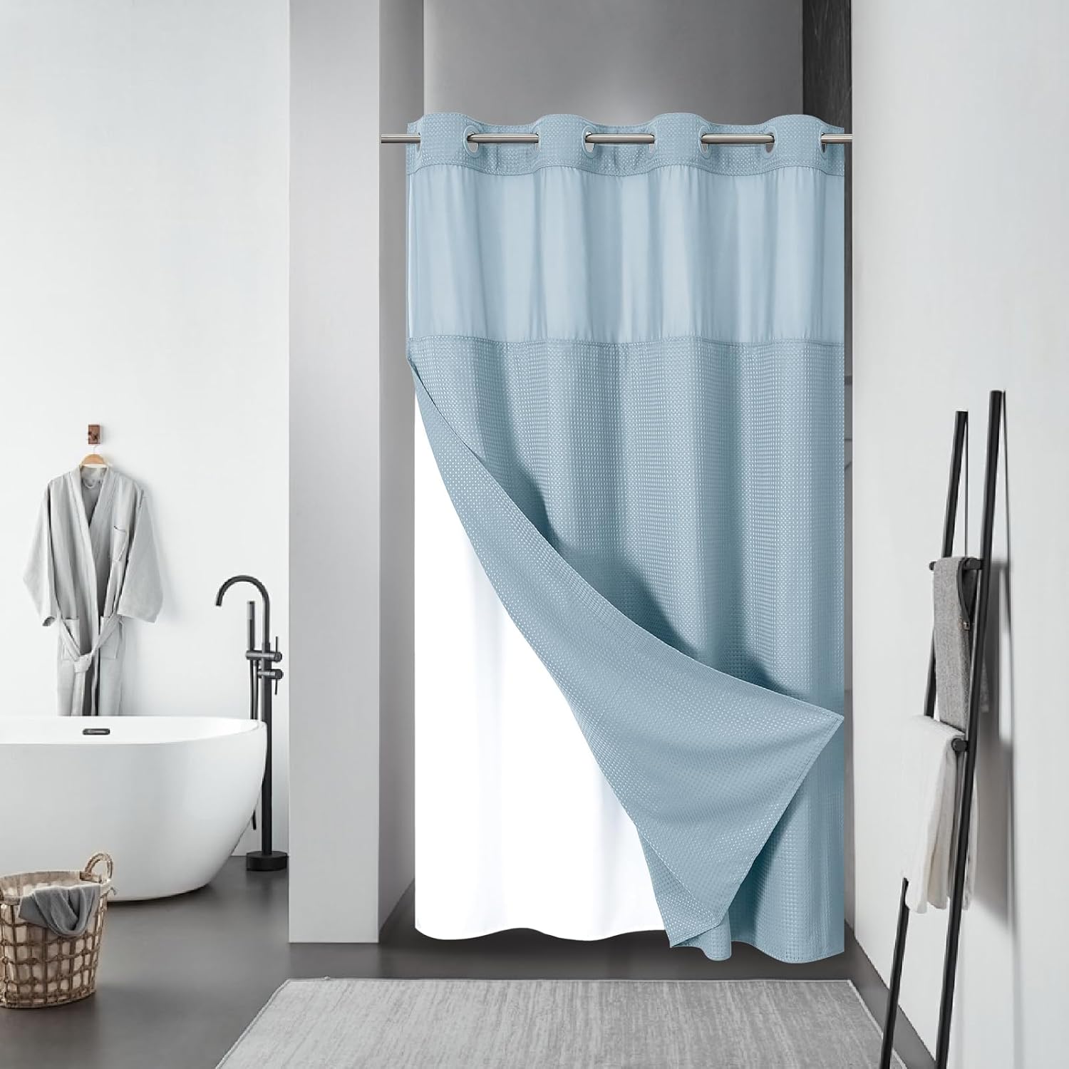 FrostBlue No Hook Waffle Weave Shower Curtain with snap-in Liner Replacement, 230GSM Waterproof Fabric Hotel Shower Curtain Set for Bathroom, Through Mesh Top Window,71Wx74H