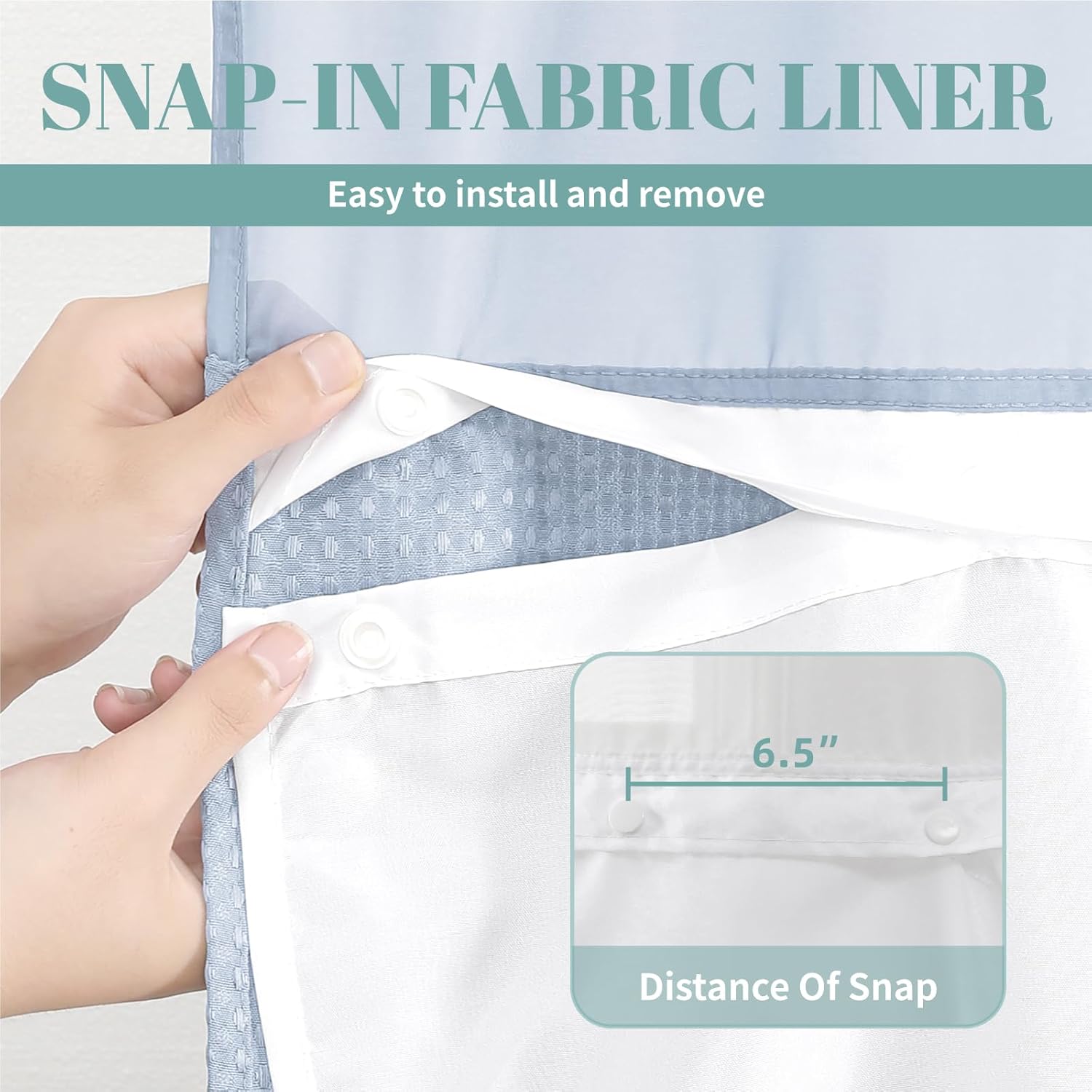 FrostBlue No Hook Waffle Weave Shower Curtain with snap-in Liner Replacement, 230GSM Waterproof Fabric Hotel Shower Curtain Set for Bathroom, Through Mesh Top Window,71Wx74H