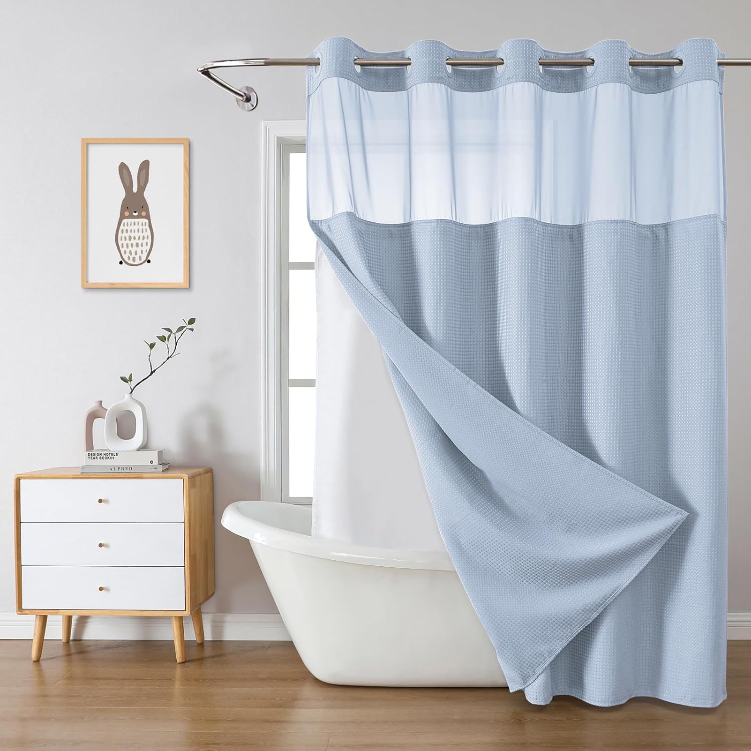FrostBlue No Hook Waffle Weave Shower Curtain with snap-in Liner Replacement, 230GSM Waterproof Fabric Hotel Shower Curtain Set for Bathroom, Through Mesh Top Window,71Wx74H
