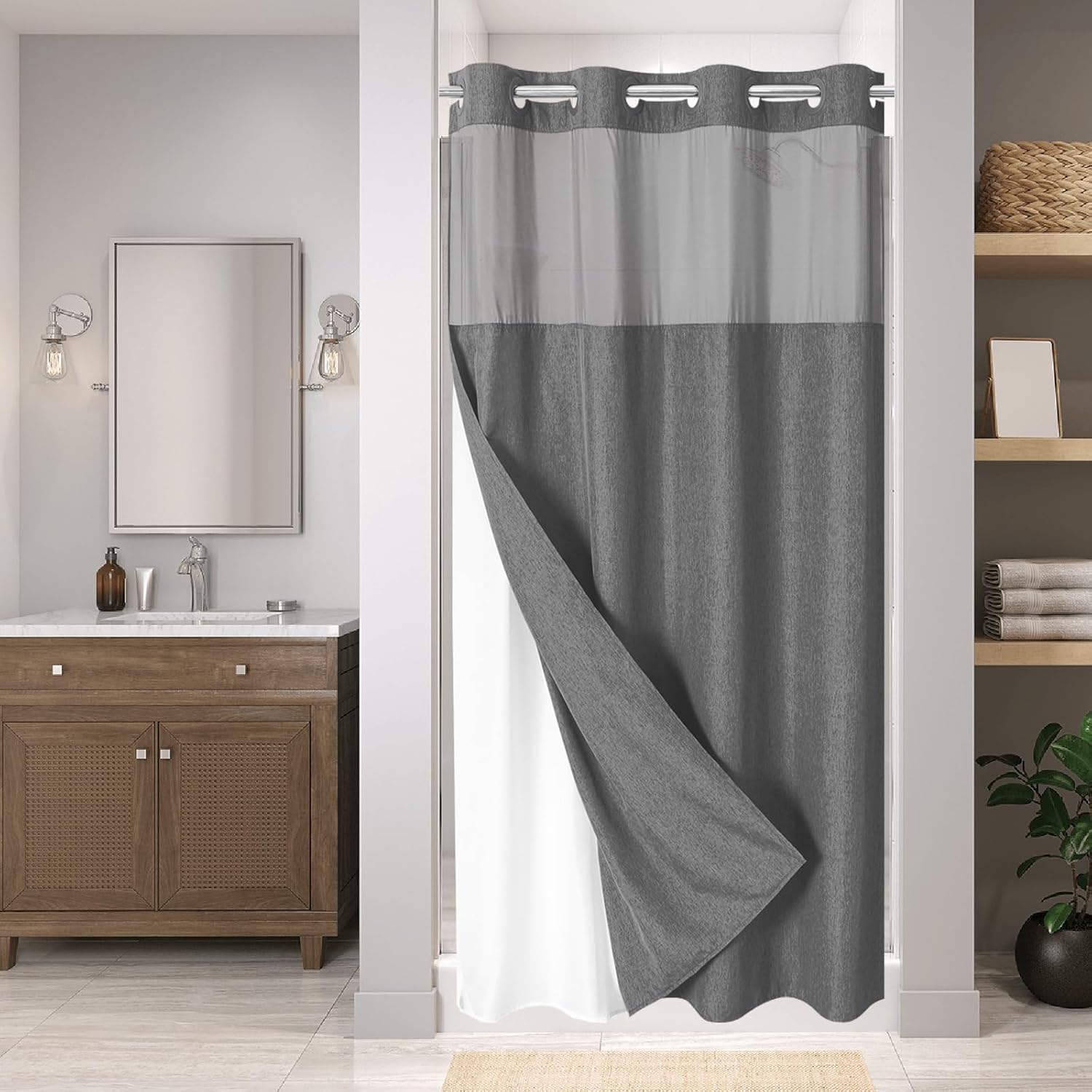 Extra Long No Hooks Needed Linen Textured Shower Curtain with Snap-in Fabric Liner Set,Cream Hotel Luxury Decor Shower Curtains for Bathroom,Waterproof & Washable,71Wx86H