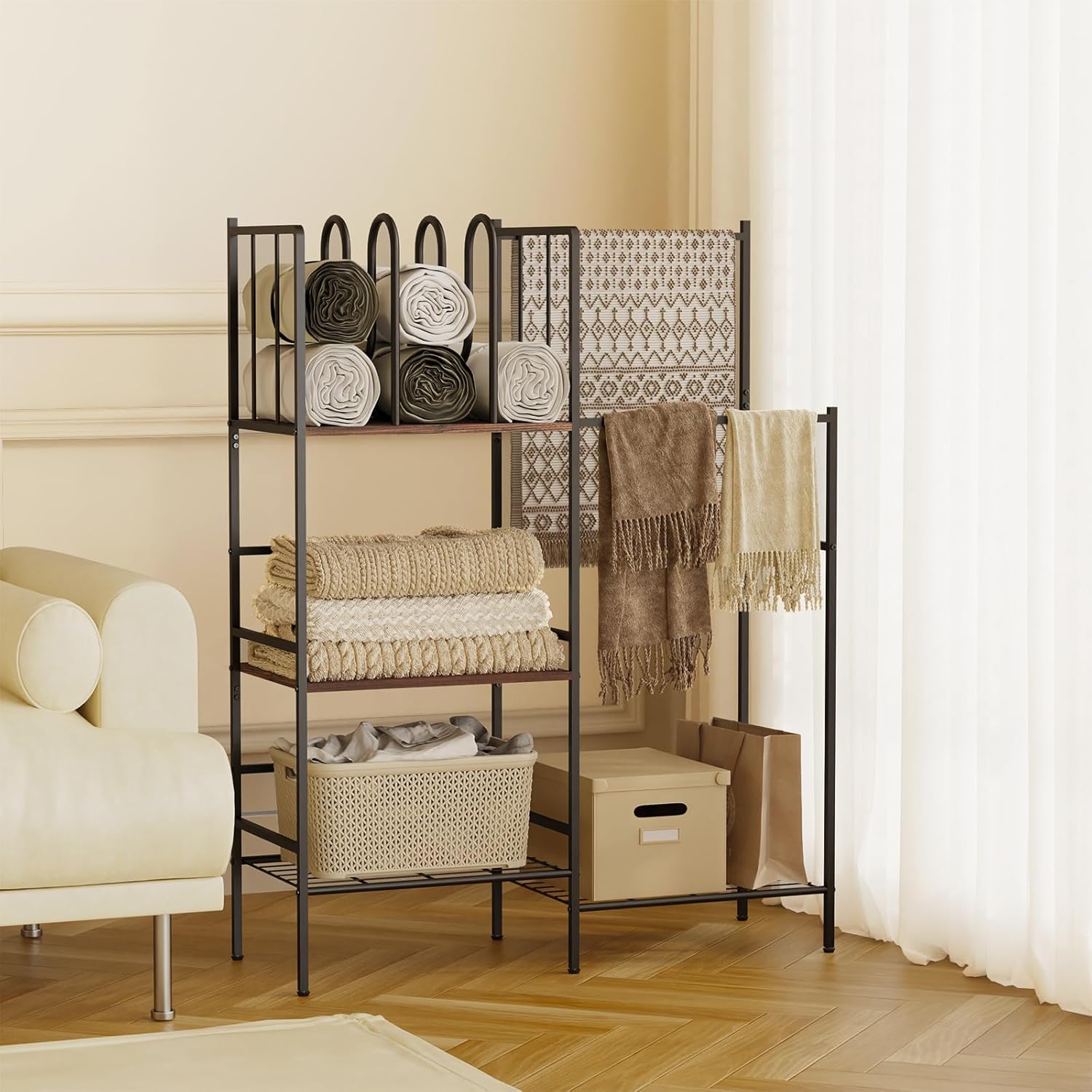 aboxoo Free Standing Towel Rack, 3 Tier Blanket Rack with M-Shaped Dividers,2 Tier Drying and Display Rack, Towel Holder for Bathroom,Blanket Storage for Living Room, Rustic Brown and Black