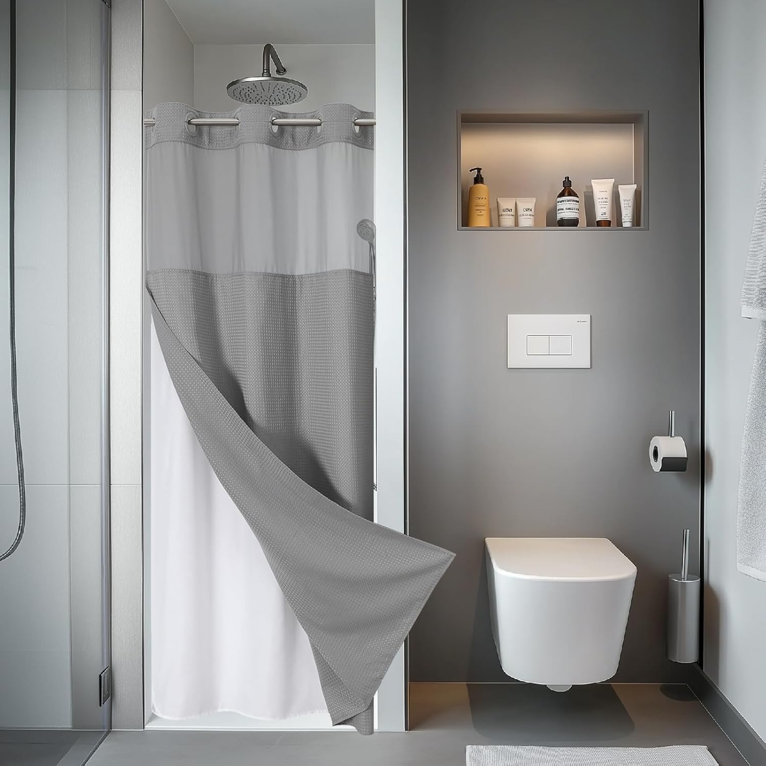 FrostBlue No Hook Waffle Weave Shower Curtain with snap-in Liner Replacement, 230GSM Waterproof Fabric Hotel Shower Curtain Set for Bathroom, Through Mesh Top Window,71Wx74H