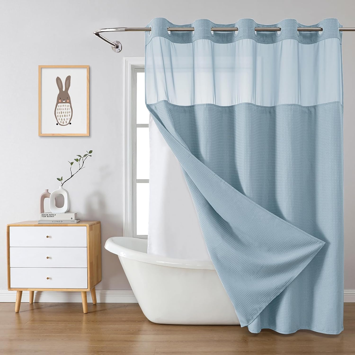 FrostBlue No Hook Waffle Weave Shower Curtain with snap-in Liner Replacement, 230GSM Waterproof Fabric Hotel Shower Curtain Set for Bathroom, Through Mesh Top Window,71Wx74H