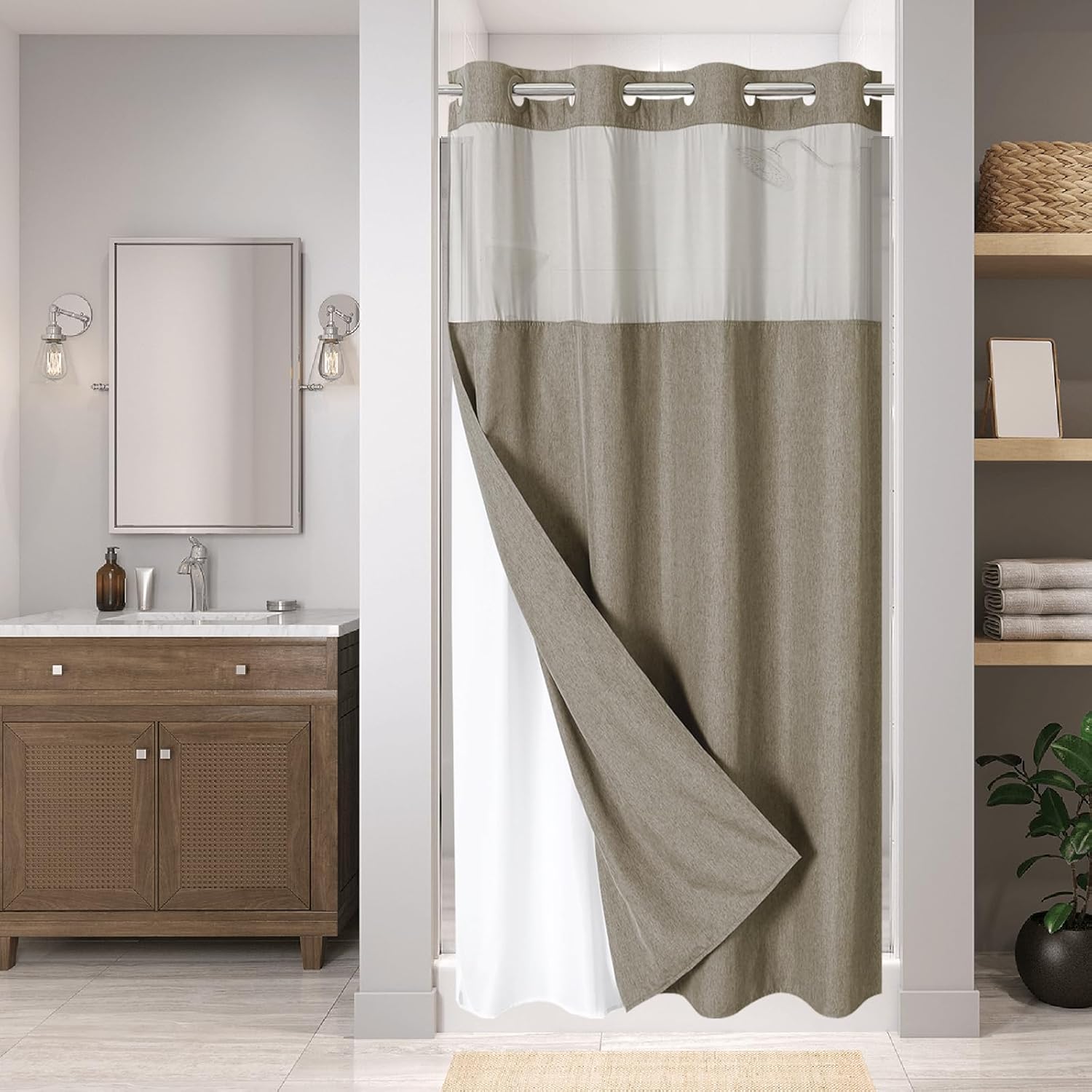 Extra Long No Hooks Needed Linen Textured Shower Curtain with Snap-in Fabric Liner Set,Cream Hotel Luxury Decor Shower Curtains for Bathroom,Waterproof & Washable,71Wx86H