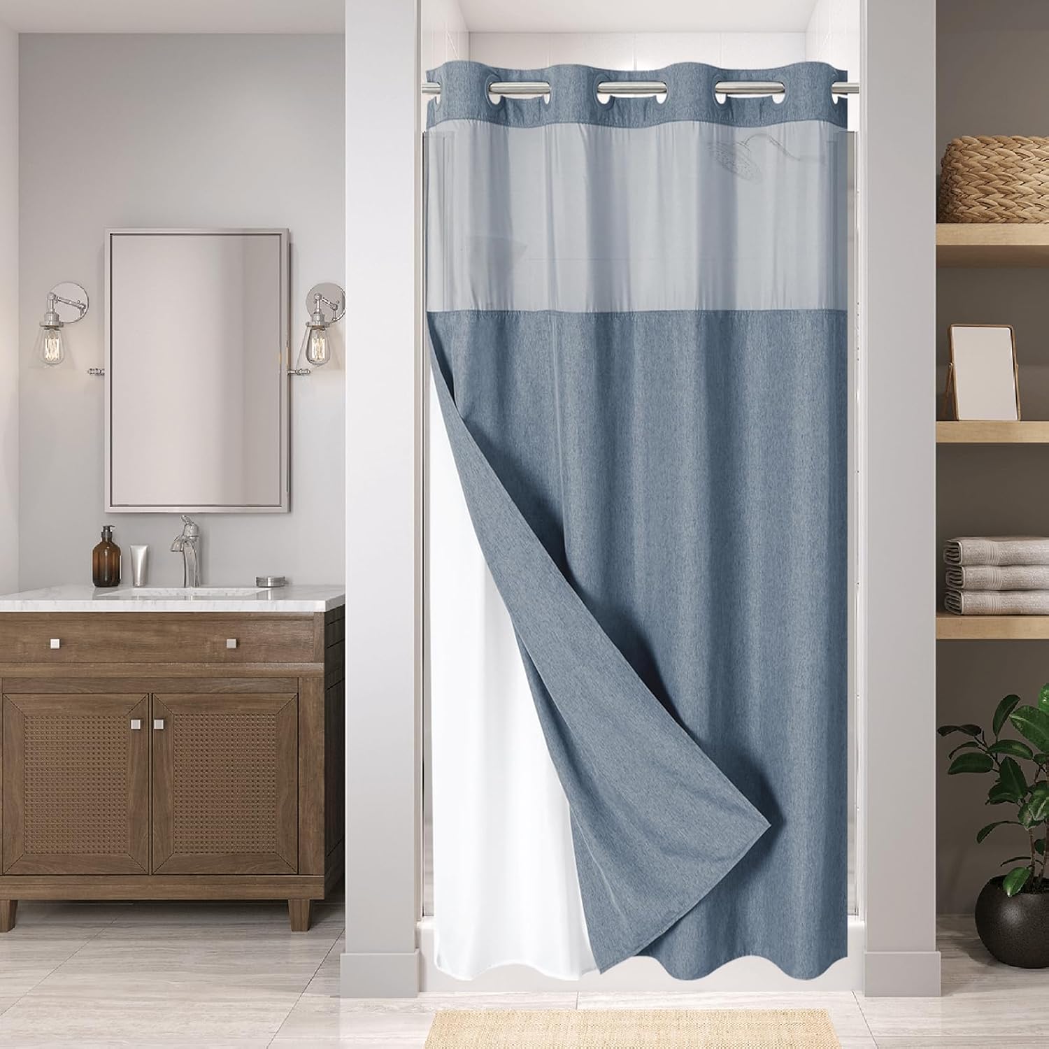 Stall No Hooks Needed Linen Textured Shower Curtain with Snap-in Fabric Liner Set,Hotel Luxury Decor Shower Curtains for Bathroom,Waterproof & Washable,60Wx74H,Cream