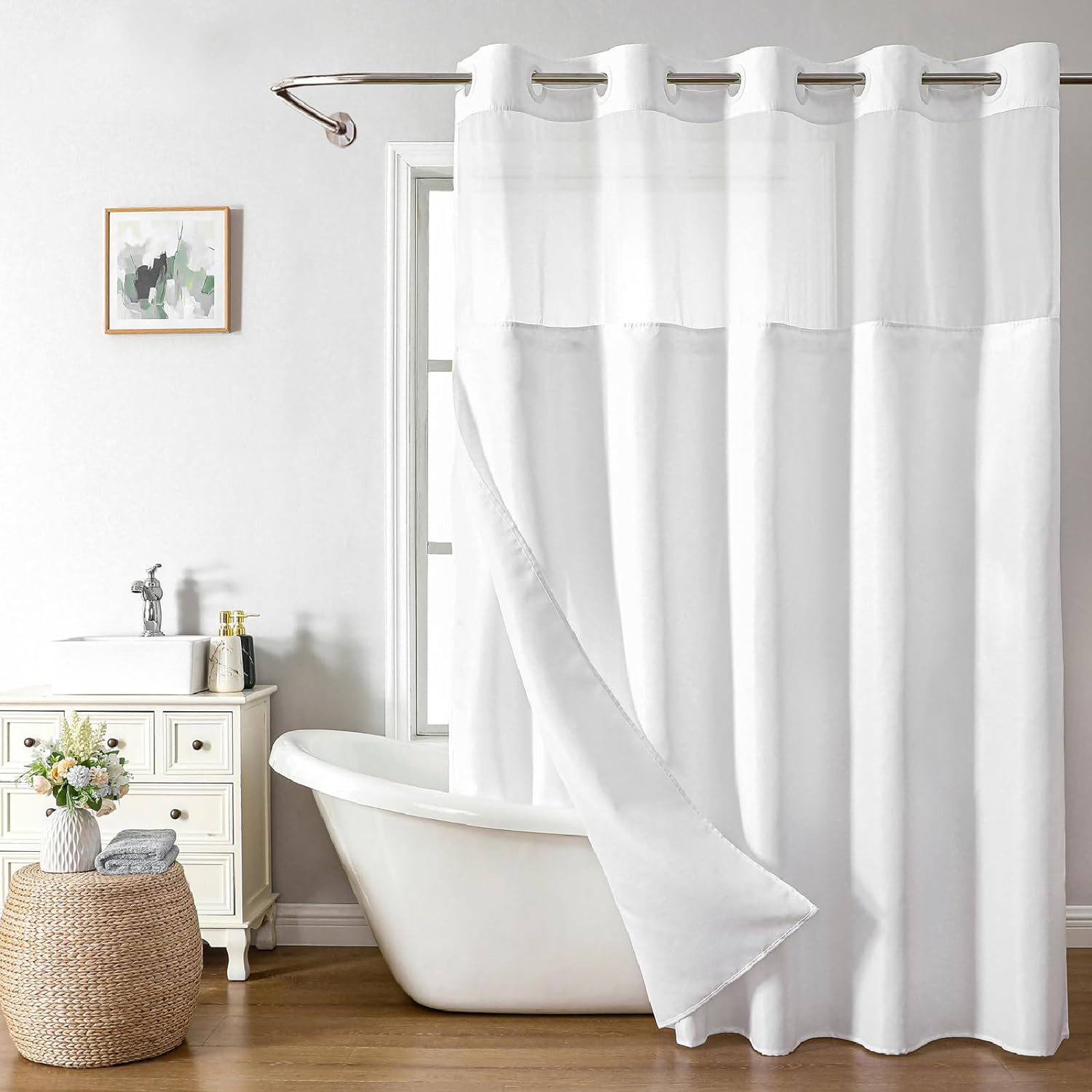 Extra Long No Hooks Needed Linen Textured Shower Curtain with Snap-in Fabric Liner Set,Cream Hotel Luxury Decor Shower Curtains for Bathroom,Waterproof & Washable,71Wx86H