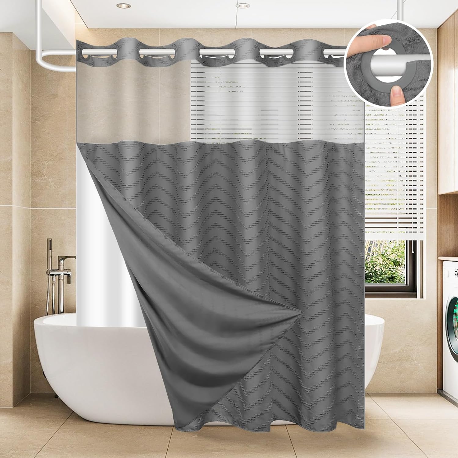 No Hook Shower Curtain and Snap in Liner Set White Tufted Chevron Striped Cloth Waterproof Washable Fabric Boho Bath Curtain with See Through Mesh Top Window for Bathroom Hotel 71" x 74"