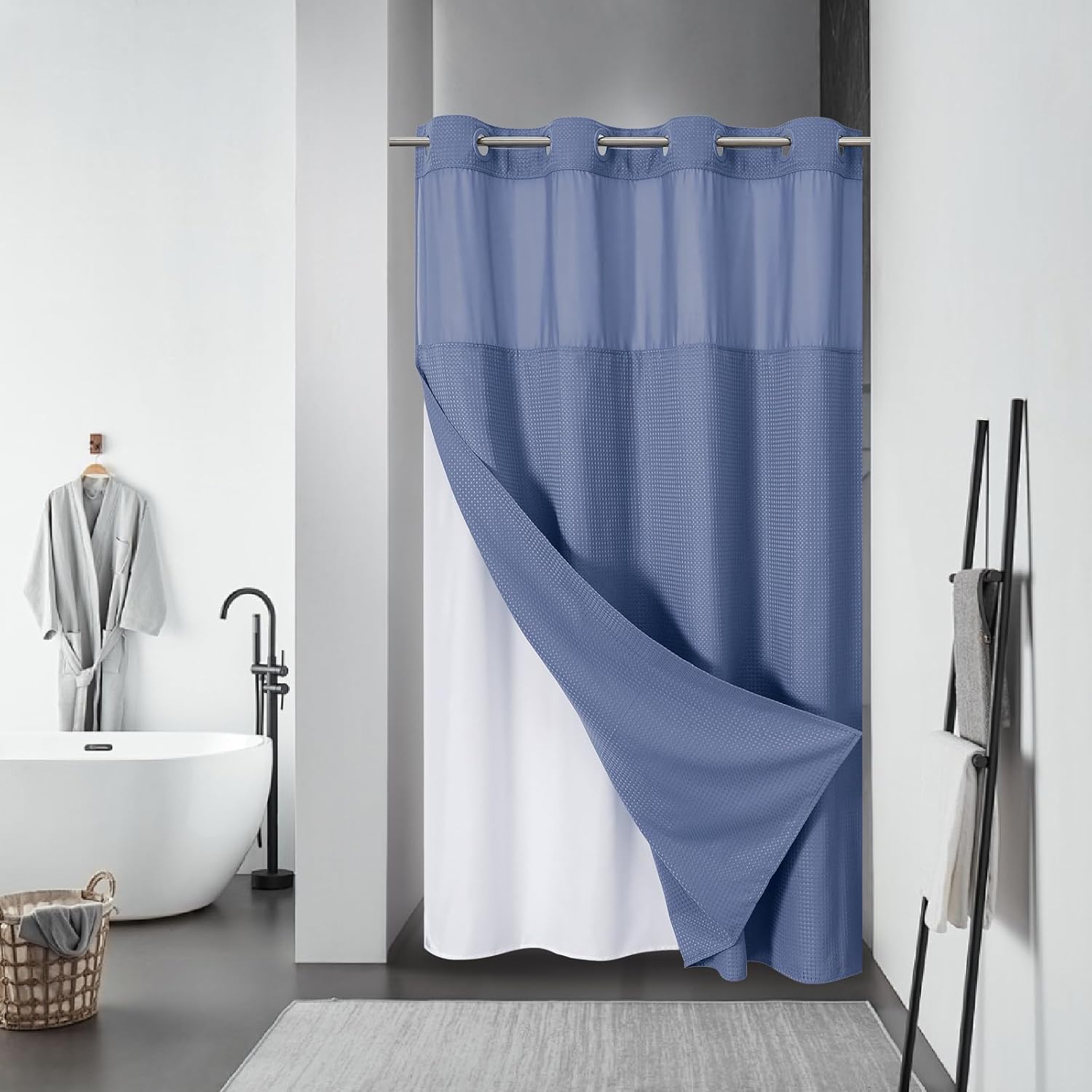 FrostBlue No Hook Waffle Weave Shower Curtain with snap-in Liner Replacement, 230GSM Waterproof Fabric Hotel Shower Curtain Set for Bathroom, Through Mesh Top Window,71Wx74H