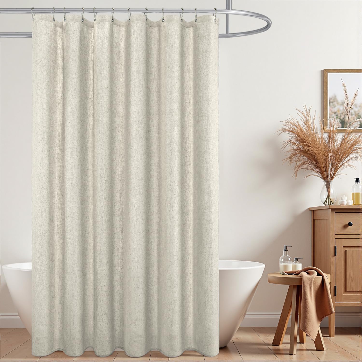 KOUFALL Natural Linen Fabric Shower Curtain Liner Set with Hooks Outdoor Waterproof Water Vintage Country Style Rustic Shower Curtains for Bathroom,Tan Beige,72 x 84 Inch Tall
