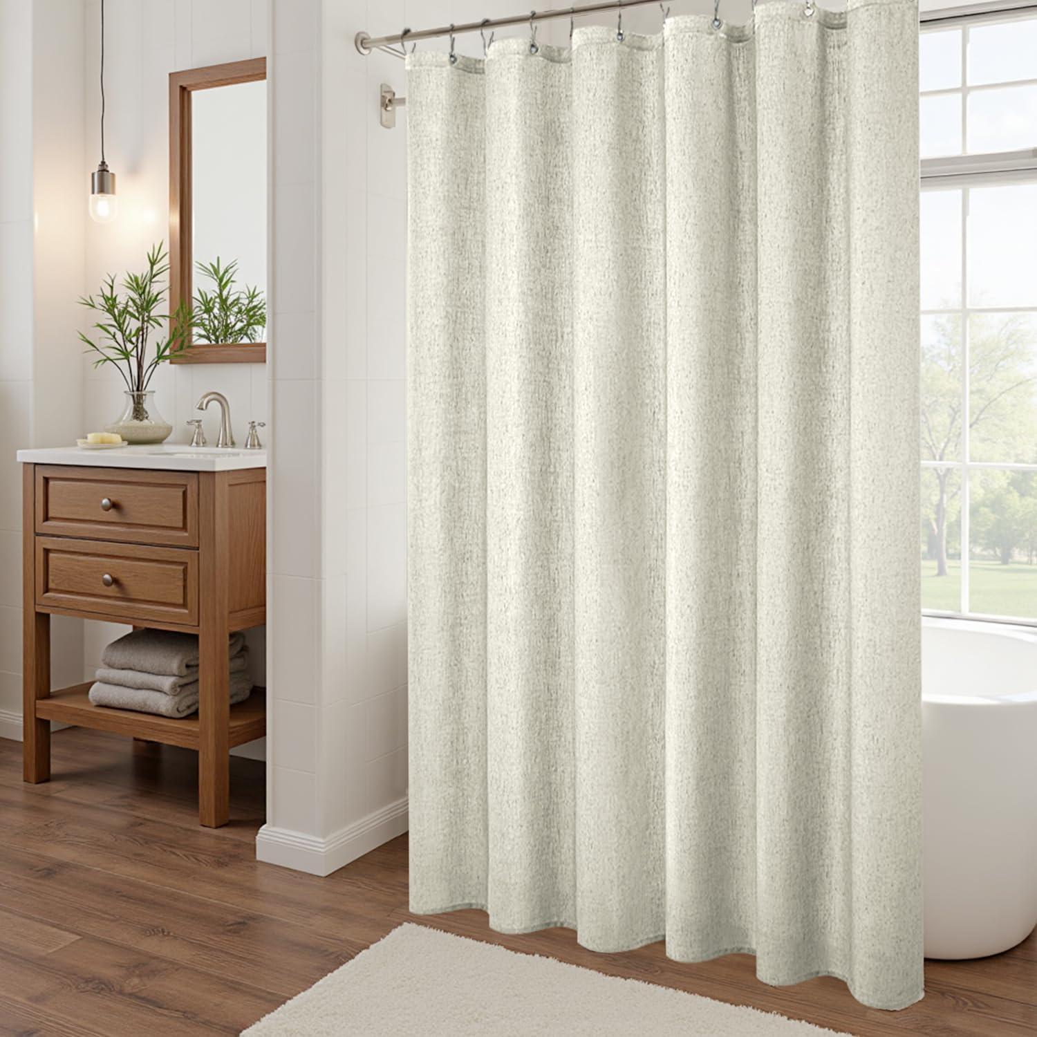 KOUFALL Natural Linen Fabric Shower Curtain Liner Set with Hooks Outdoor Waterproof Water Vintage Country Style Rustic Shower Curtains for Bathroom,Tan Beige,72 x 84 Inch Tall