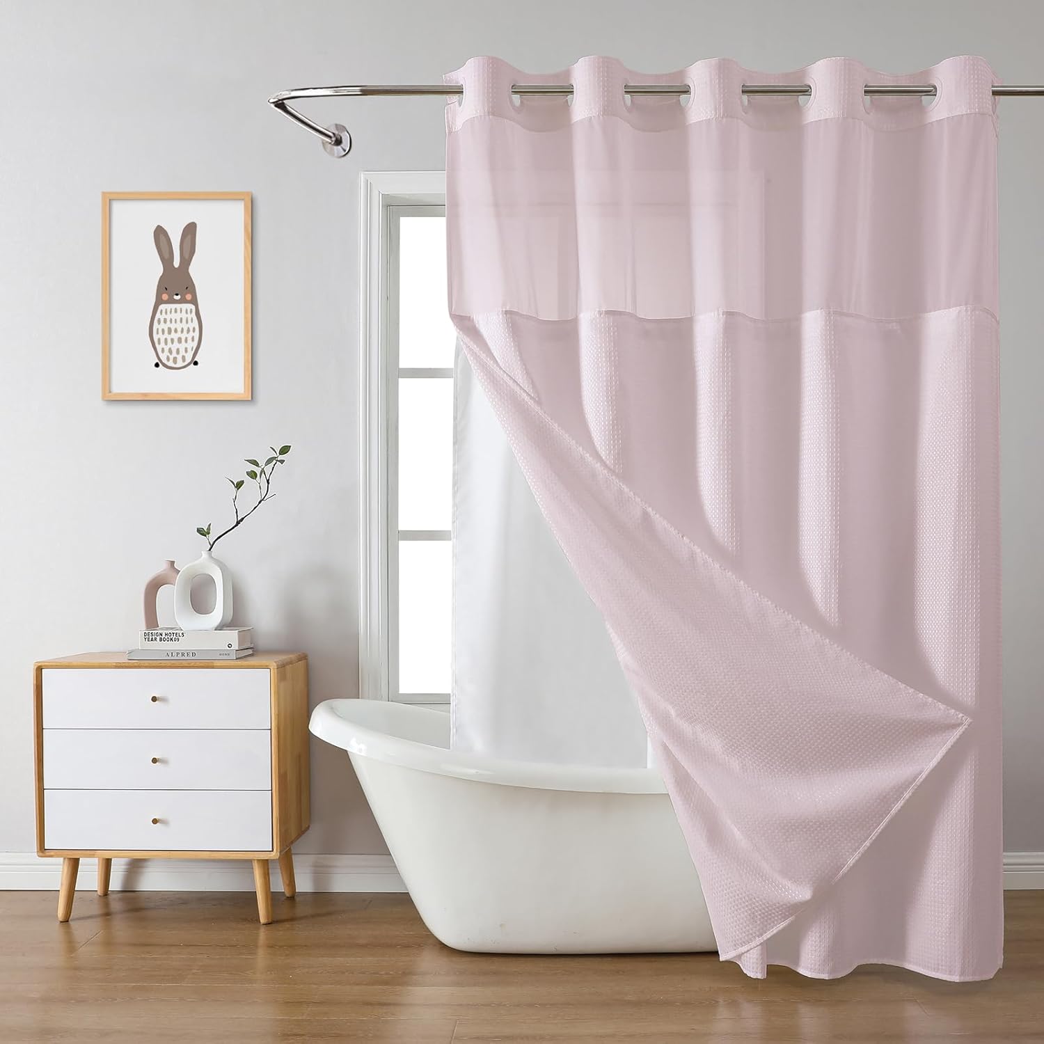 FrostBlue No Hook Waffle Weave Shower Curtain with snap-in Liner Replacement, 230GSM Waterproof Fabric Hotel Shower Curtain Set for Bathroom, Through Mesh Top Window,71Wx74H