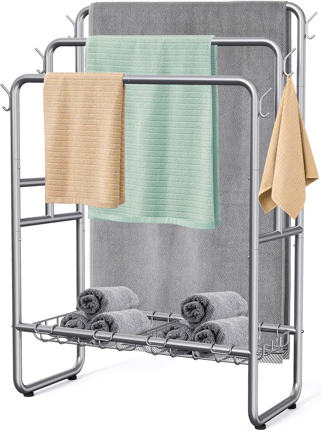 40" Tall Freestanding Towel Racks for Bathroom, 3 Tier Floor Towel Rack with Storage Basket, Blanket Ladder Drying and Display Rack for Large Bath & Hand Towel Outdoor Poolside