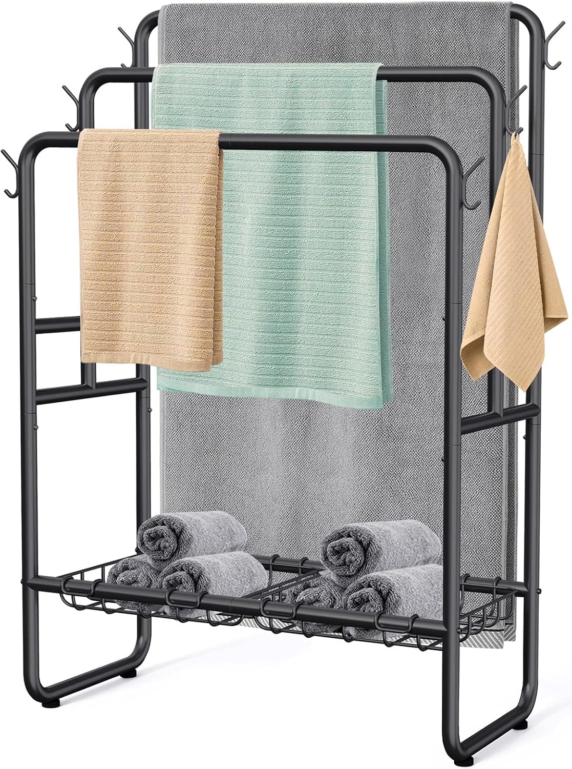 40" Tall Freestanding Towel Racks for Bathroom, 3 Tier Floor Towel Rack with Storage Basket, Blanket Ladder Drying and Display Rack for Large Bath & Hand Towel Outdoor Poolside