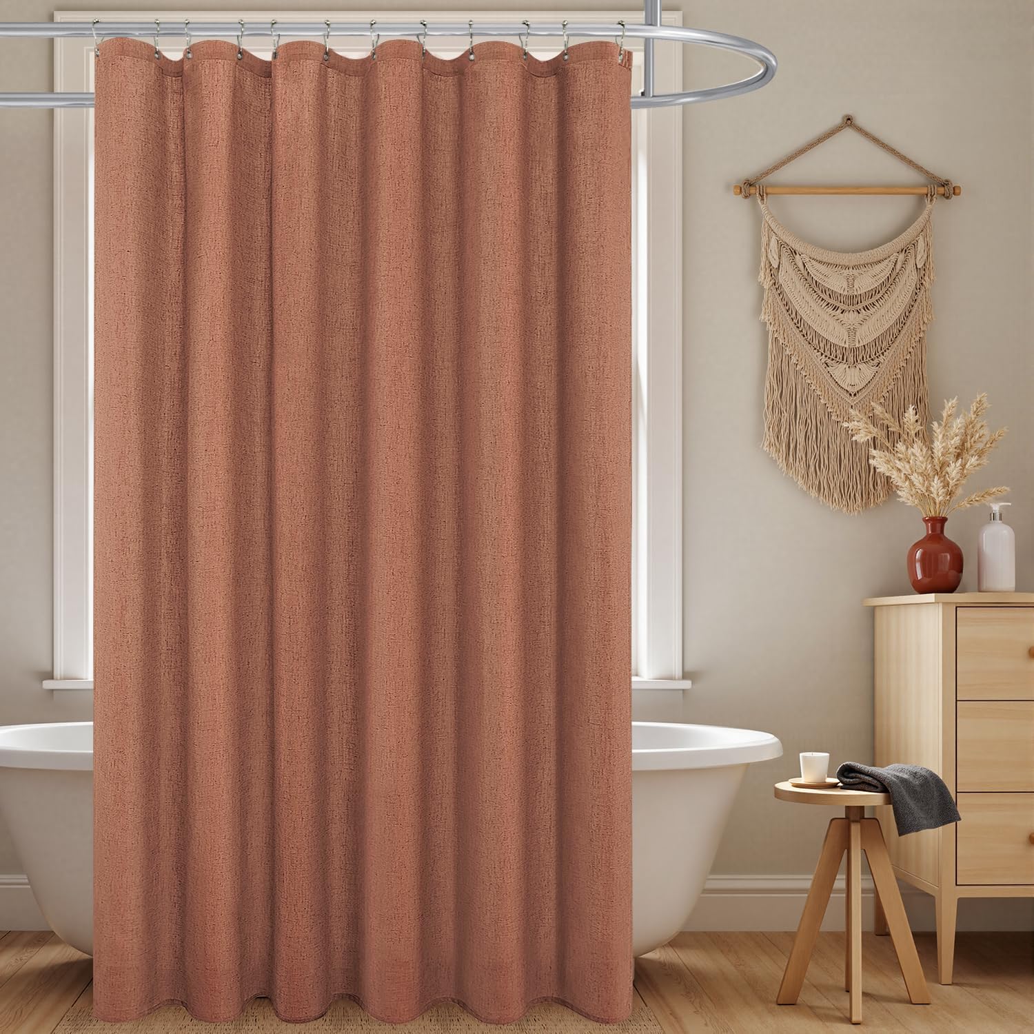 KOUFALL Natural Linen Fabric Shower Curtain Liner Set with Hooks Outdoor Waterproof Water Vintage Country Style Rustic Shower Curtains for Bathroom,Tan Beige,72 x 84 Inch Tall