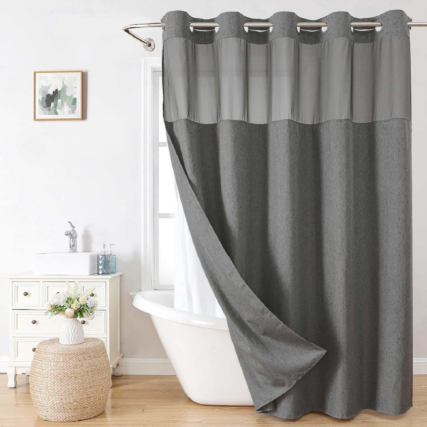 Stall No Hooks Needed Linen Textured Shower Curtain with Snap-in Fabric Liner Set,Hotel Luxury Decor Shower Curtains for Bathroom,Waterproof & Washable,60Wx74H,Cream