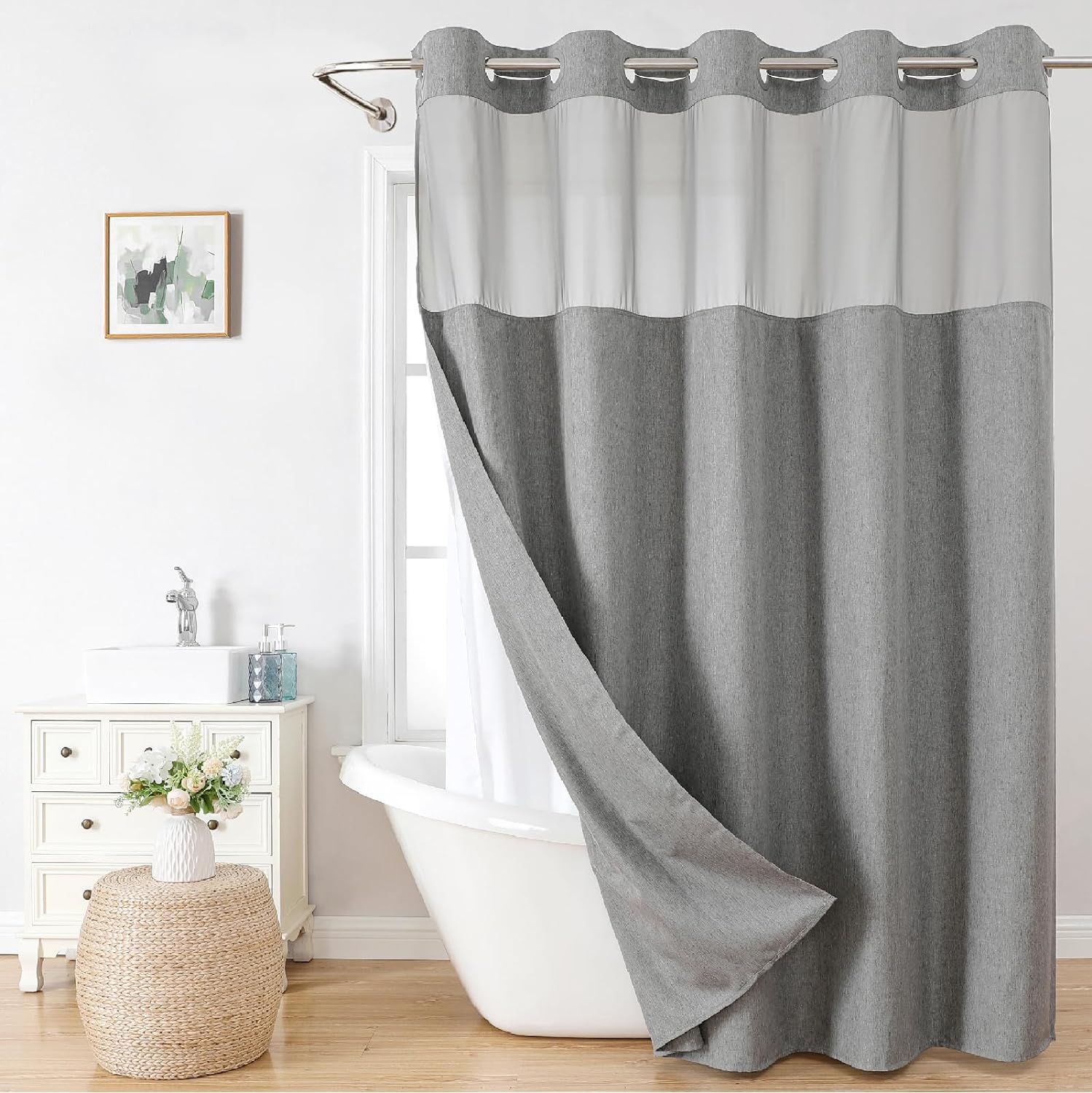 Stall No Hooks Needed Linen Textured Shower Curtain with Snap-in Fabric Liner Set,Hotel Luxury Decor Shower Curtains for Bathroom,Waterproof & Washable,60Wx74H,Cream