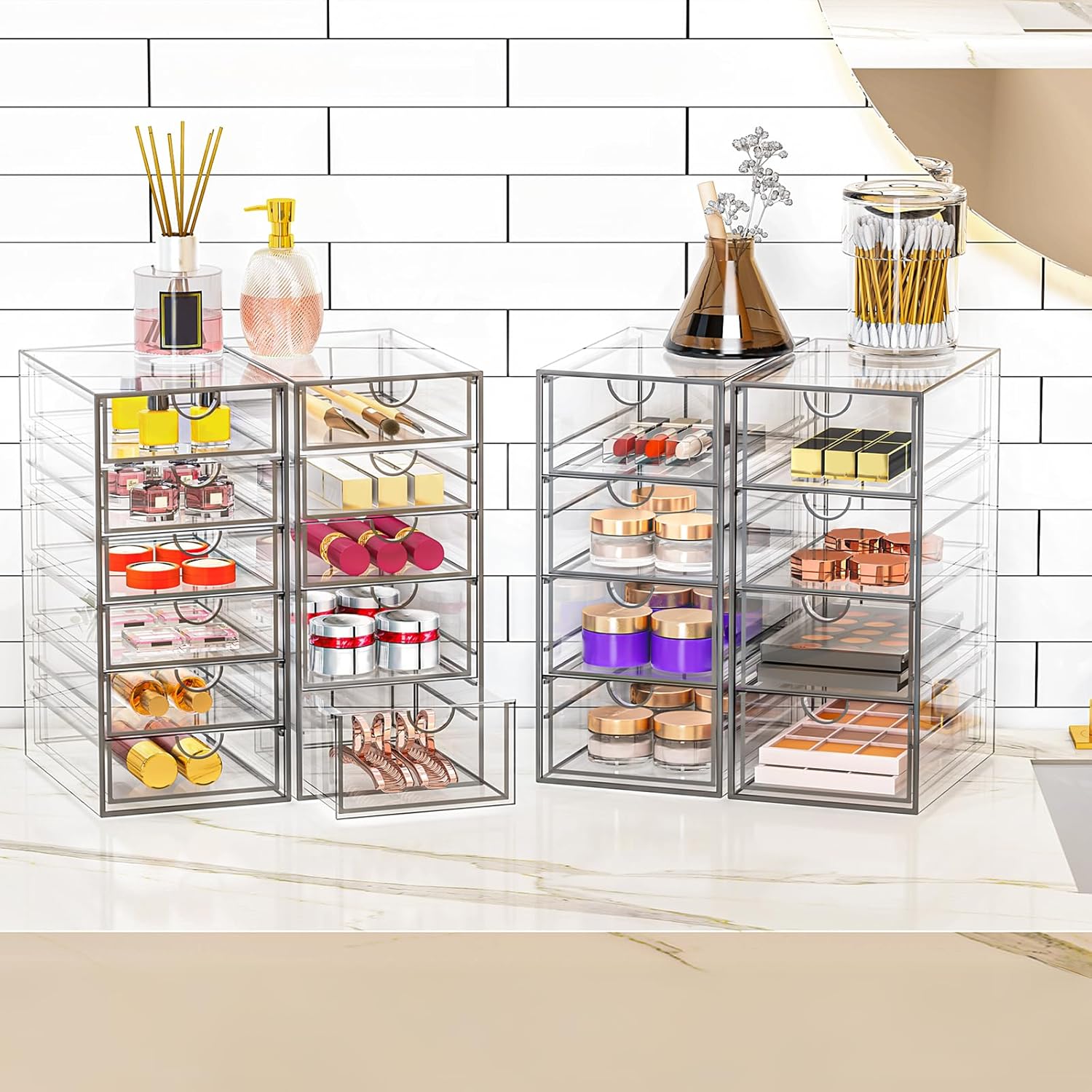 Acrylic Makeup Organizer with 19 Drawers, 4 Pack Clear Storage Drawers, Bathroom Makeup Organizer for Palettes, Cosmetic, and Beauty Supplies,Ideal for Vanity, Cabinet,Desk Organization