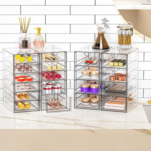 Acrylic Makeup Organizer with 19 Drawers, 4 Pack Clear Storage Drawers, Bathroom Makeup Organizer for Palettes, Cosmetic, and Beauty Supplies,Ideal for Vanity, Cabinet,Desk Organization