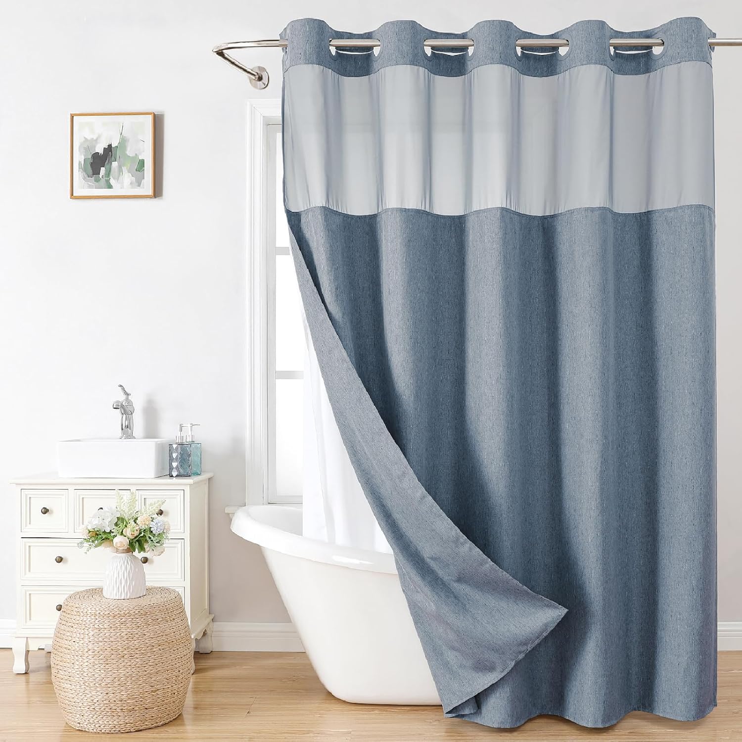 Extra Long No Hooks Needed Linen Textured Shower Curtain with Snap-in Fabric Liner Set,Cream Hotel Luxury Decor Shower Curtains for Bathroom,Waterproof & Washable,71Wx86H