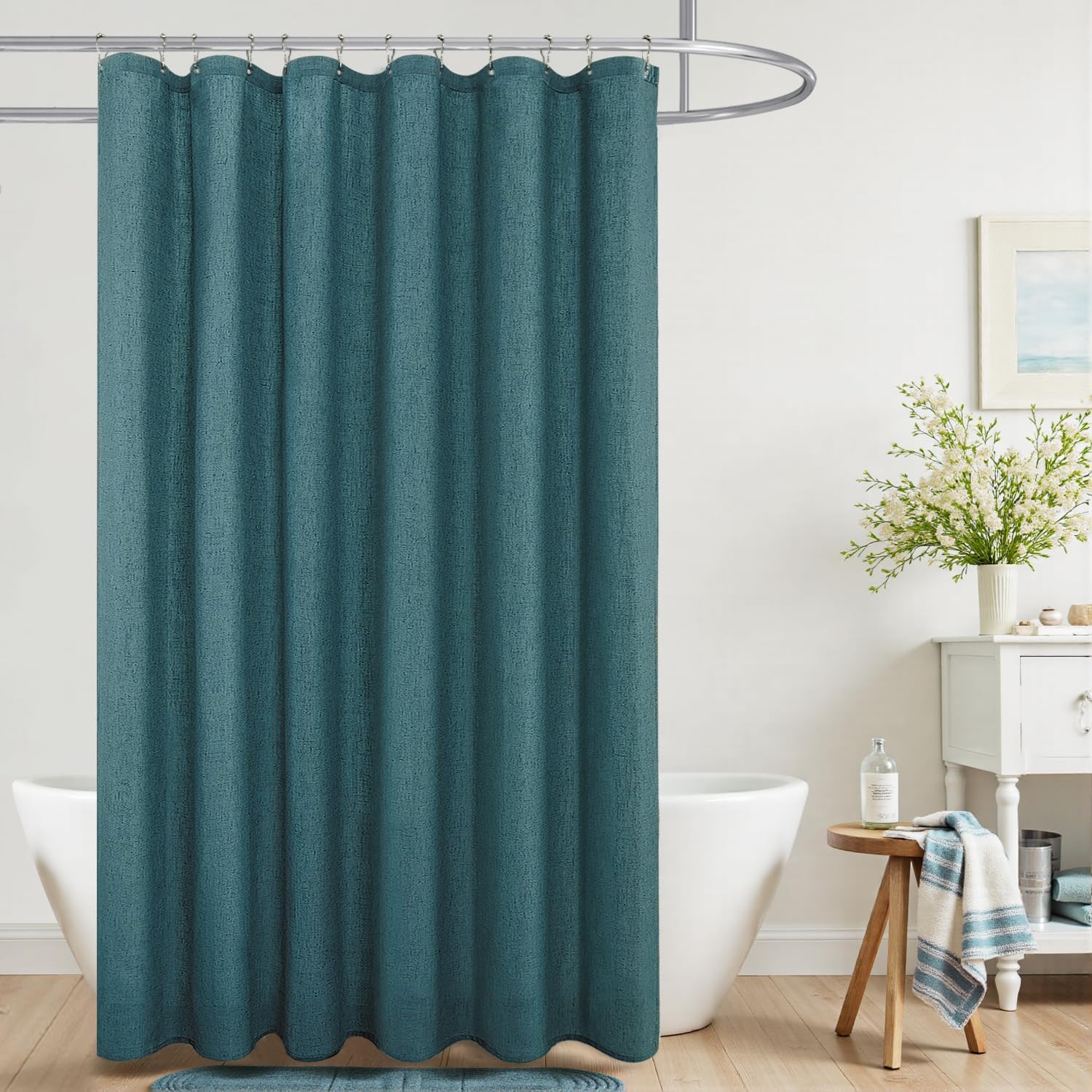 KOUFALL Natural Linen Fabric Shower Curtain Liner Set with Hooks Outdoor Waterproof Water Vintage Country Style Rustic Shower Curtains for Bathroom,Tan Beige,72 x 84 Inch Tall