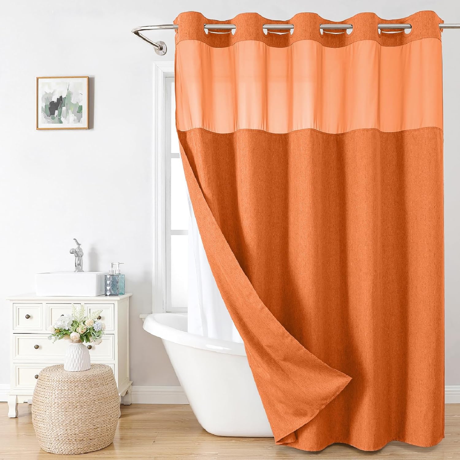 Extra Long No Hooks Needed Linen Textured Shower Curtain with Snap-in Fabric Liner Set,Cream Hotel Luxury Decor Shower Curtains for Bathroom,Waterproof & Washable,71Wx86H