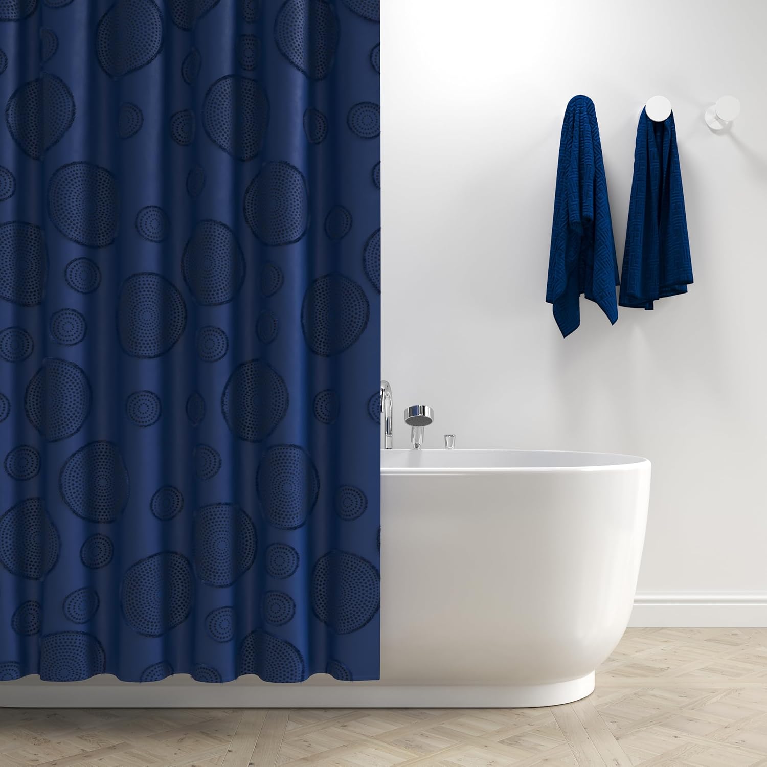 Waterproof Fabric Shower Curtain for Bathroom - Washable, 72"x72", Boho Style, Textured Jacquard, Hotel Quality, 12 Metal Hooks, Navy Blue