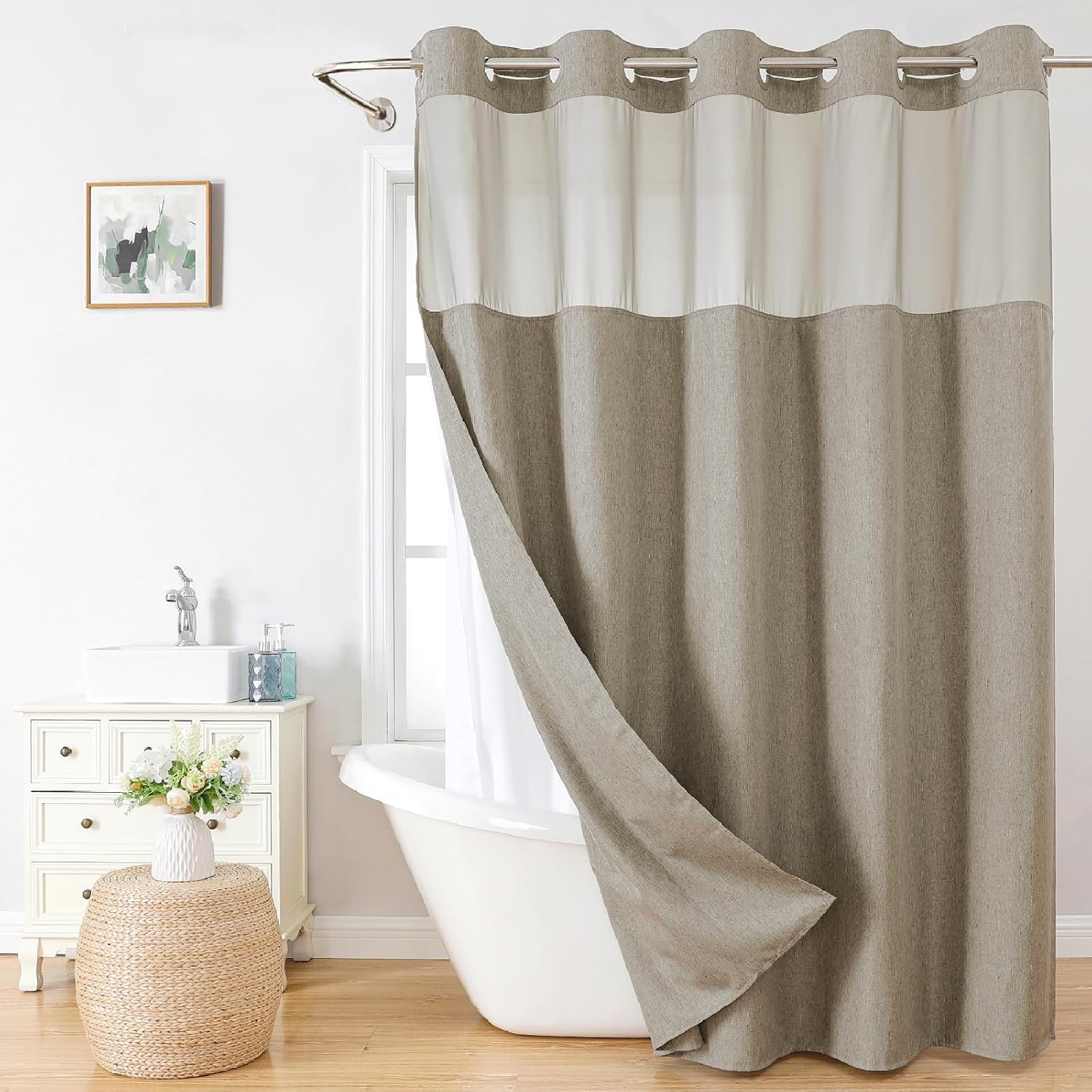 Extra Long No Hooks Needed Linen Textured Shower Curtain with Snap-in Fabric Liner Set,Cream Hotel Luxury Decor Shower Curtains for Bathroom,Waterproof & Washable,71Wx86H