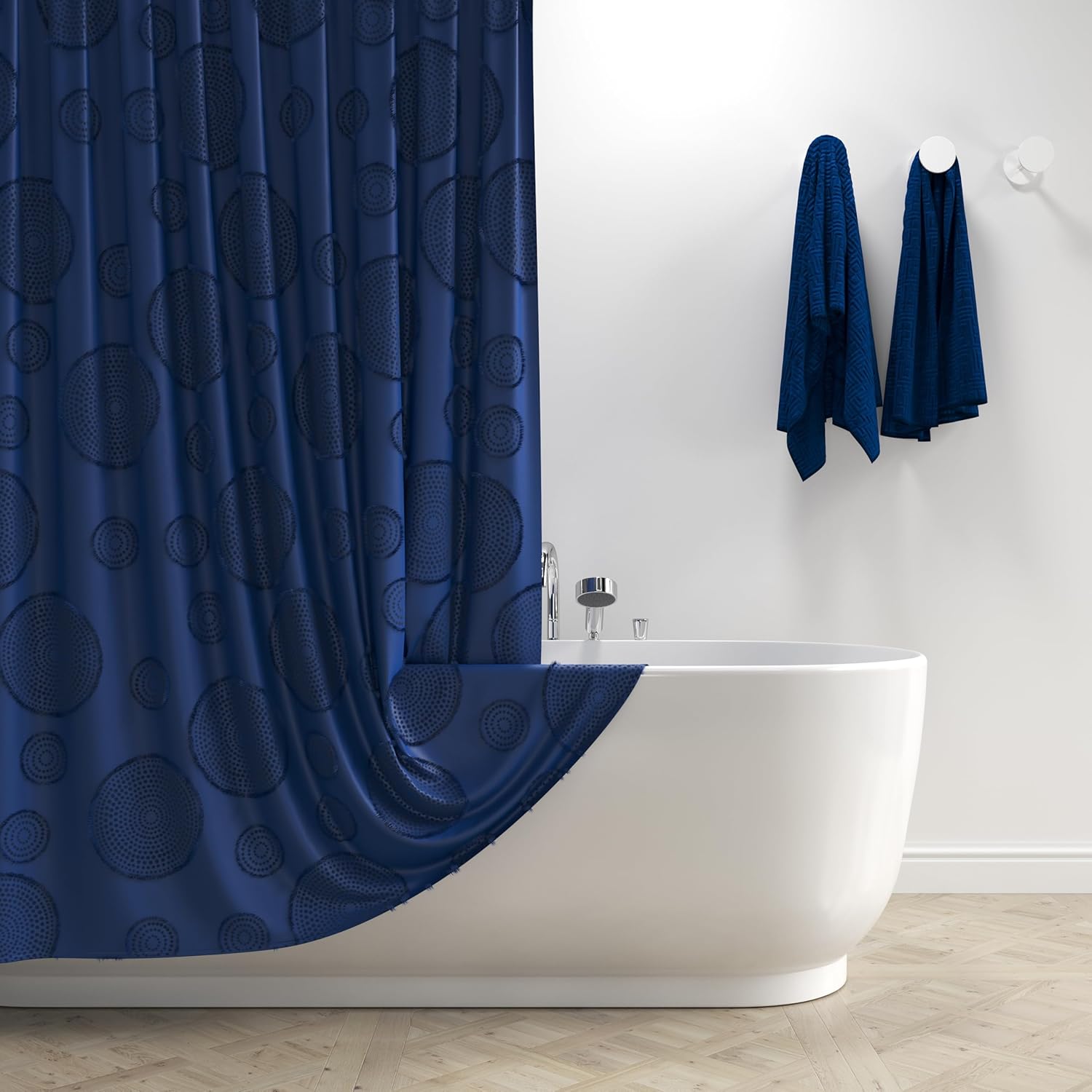 Waterproof Fabric Shower Curtain for Bathroom - Washable, 72"x72", Boho Style, Textured Jacquard, Hotel Quality, 12 Metal Hooks, Navy Blue