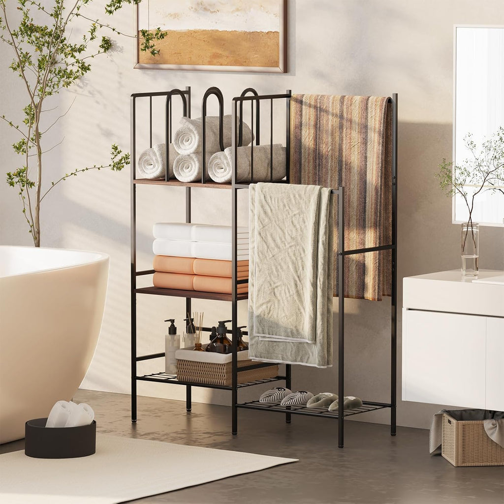 aboxoo Free Standing Towel Rack, 3 Tier Blanket Rack with M-Shaped Dividers,2 Tier Drying and Display Rack, Towel Holder for Bathroom,Blanket Storage for Living Room, Rustic Brown and Black