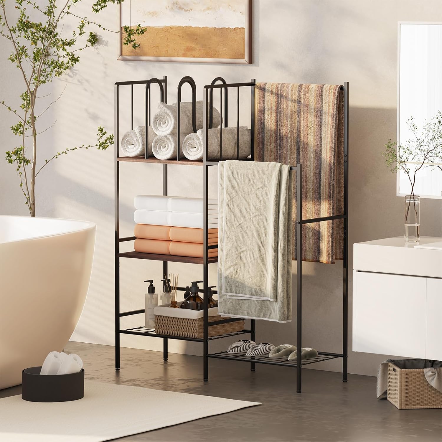 aboxoo Free Standing Towel Rack, 3 Tier Blanket Rack with M-Shaped Dividers,2 Tier Drying and Display Rack, Towel Holder for Bathroom,Blanket Storage for Living Room, Rustic Brown and Black