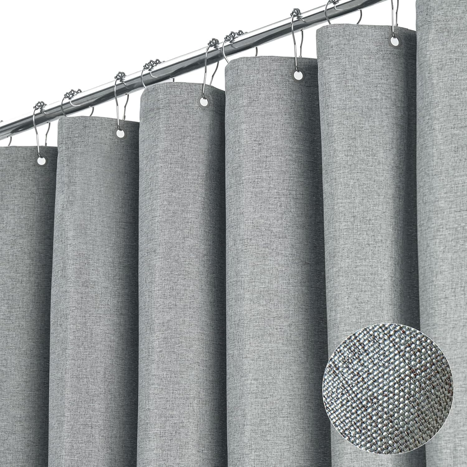 BTTN Extra Wide Shower Curtain - 108x72 Inch Linen Textured Waterproof Fabric Shower Curtain Set with 18 Plastic Hooks, Large Modern Neutral Cloth Shower Curtains for Bathroom and Bathtub - Grey/Gray