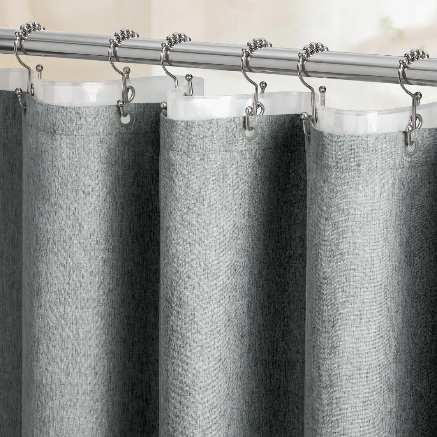 BTTN Extra Wide Shower Curtain - 108x72 Inch Linen Textured Waterproof Fabric Shower Curtain Set with 18 Plastic Hooks, Large Modern Neutral Cloth Shower Curtains for Bathroom and Bathtub - Grey/Gray